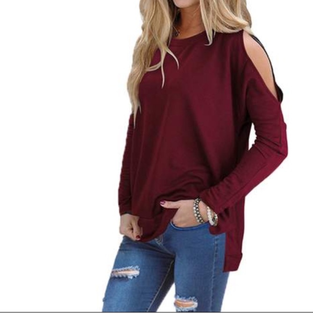 Women's Burgundy Cut Out Long Sleeve Top